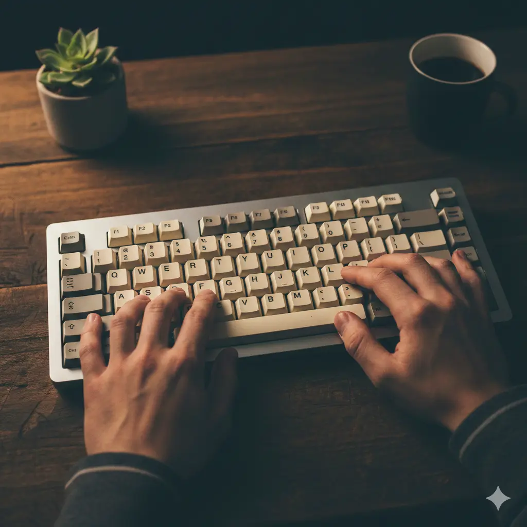 Person typing on laptop keyboard practicing touch typing