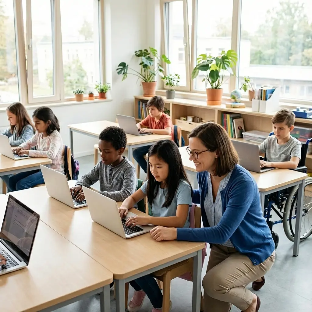 Teacher helping students with computer work