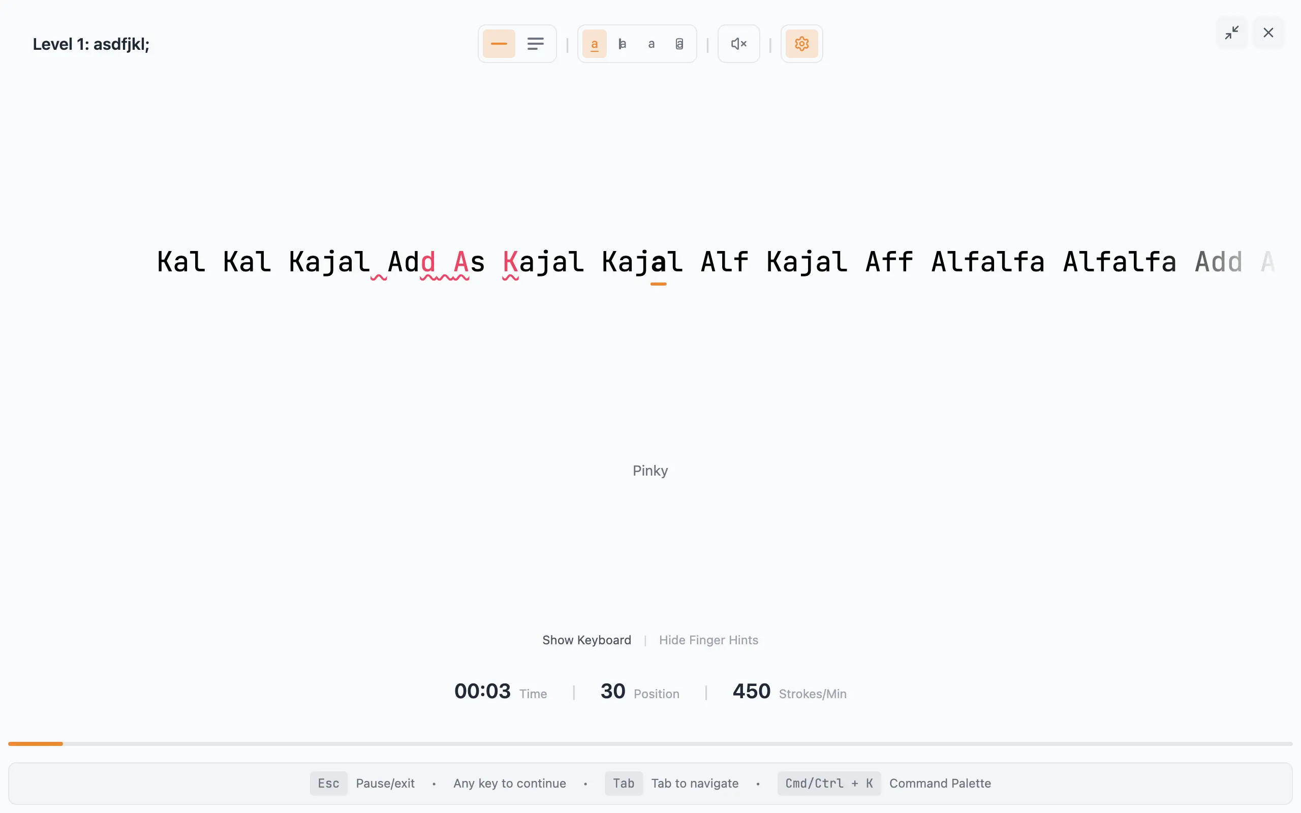 Adaptive typing practice with visual keyboard